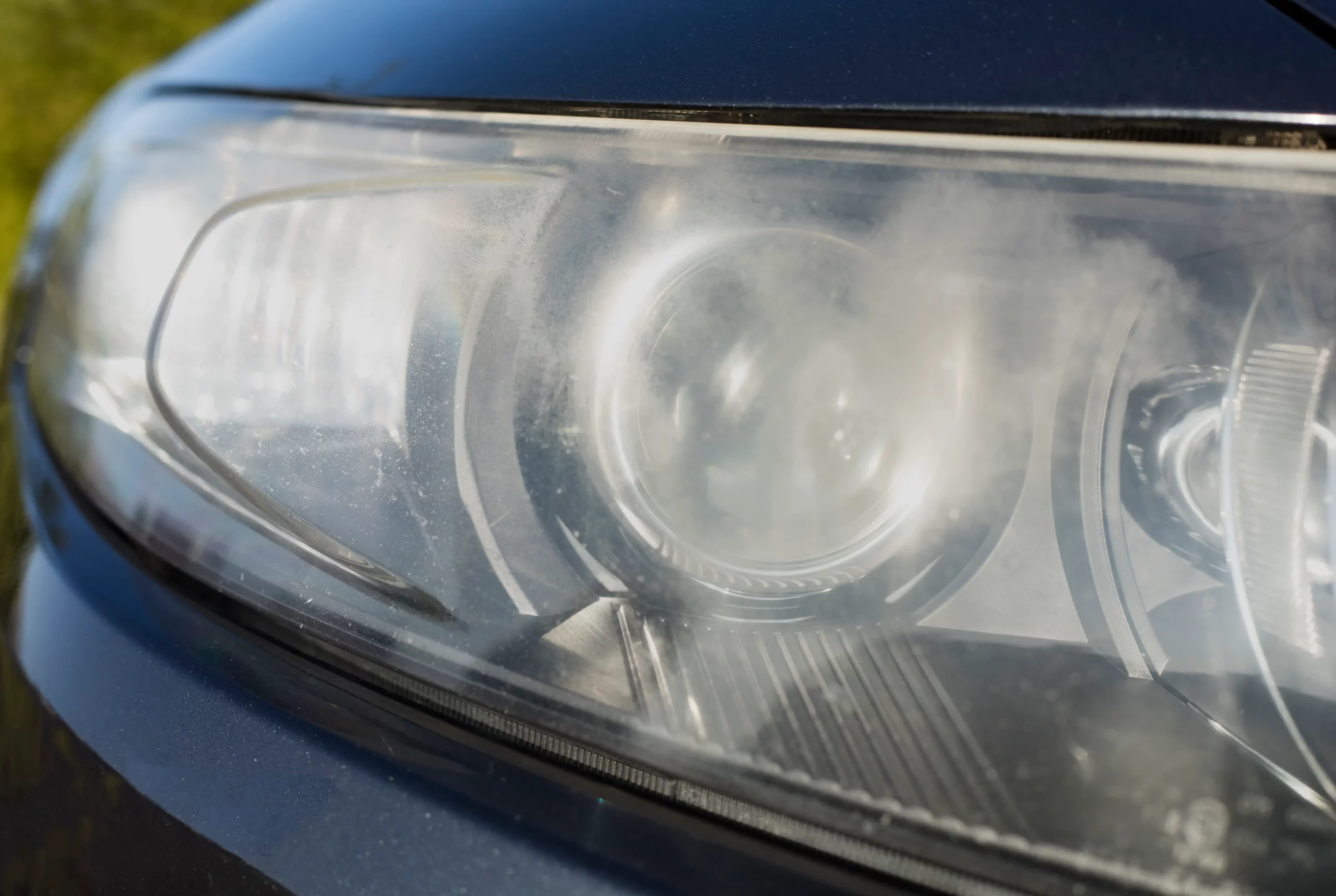 Closeup of a headlight before a headlight polish.