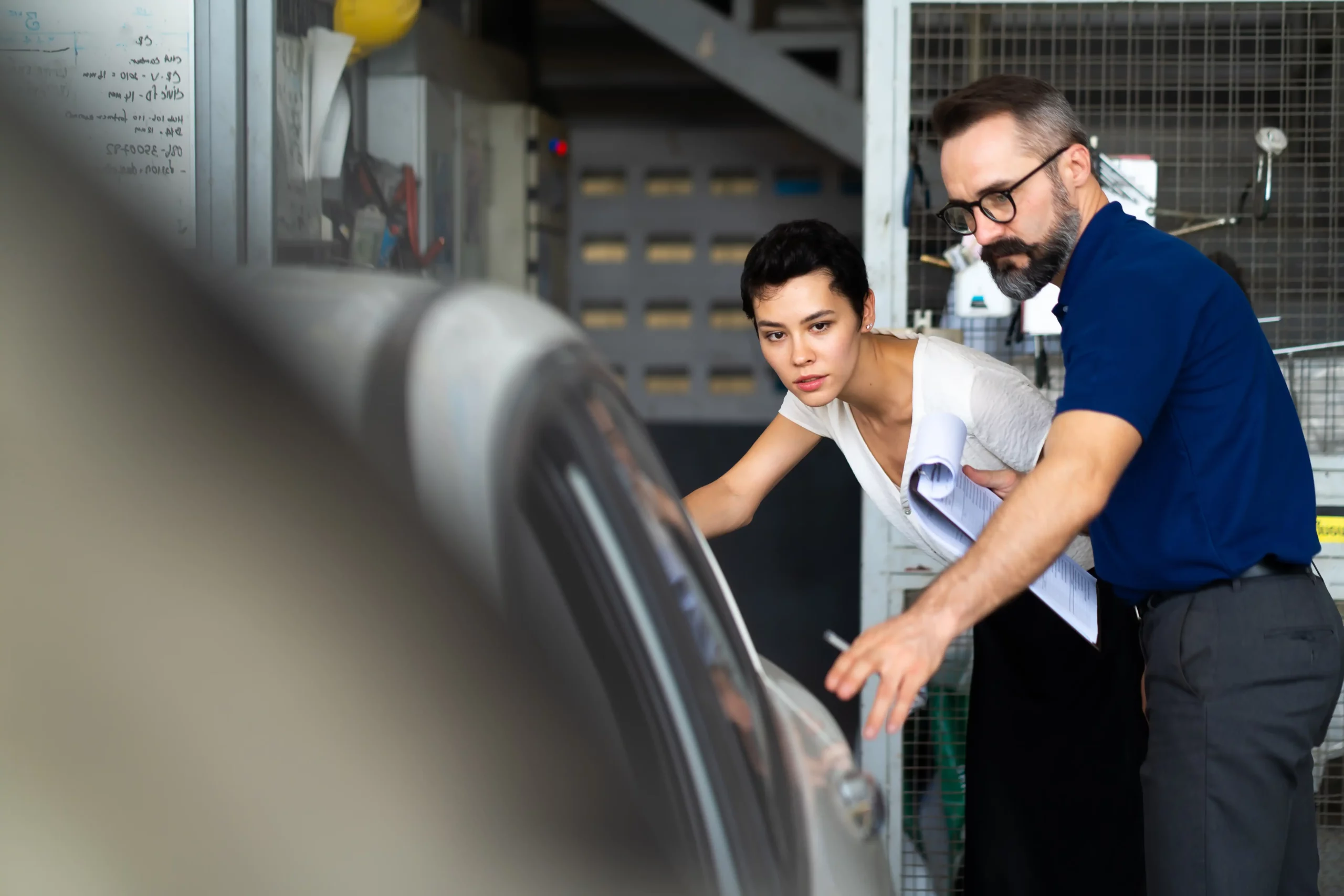 A technician and female customer inspecting a car in repair shop.