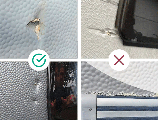 Vi kan reparere buler på campingvogne, så længe skaden ikke er placeret på et hjørne eller ved siden af metaldele.